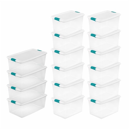 Sterilite Latching Plastic Storage Box with Blue Latches, 64 qt, Clear - 12 pack