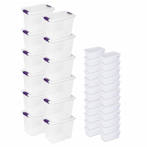 Sterilite 27 Quart Latch Lid Tote, 12 Pack, and 6 Quart Latch Lid Tote, 24 Pack Perspective: front