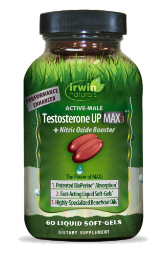Irwin Naturals® Testosterone Up Max3™ + Nitric Oxide Booster Liquid Soft-Gels Perspective: front