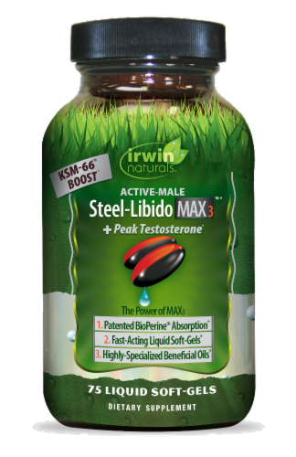 Irwin Naturals® Steel-Libido Max3™ + Peak Testosterone Liquid Soft-Gels Perspective: front