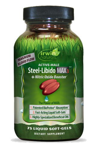 Irwin Naturals® Steel-Libido Max3™ + Nitric Oxide Booster Liquid Soft-Gels Perspective: front