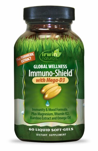 Irwin Naturals Immuno-shield Kiquid Soft Gels with Mega D3 Perspective: front