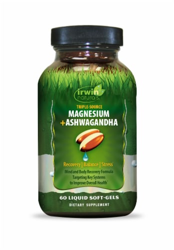 Irwin Naturals® Triple Source Magnesium + Ashwagandha Liquid Soft-Gels Perspective: front