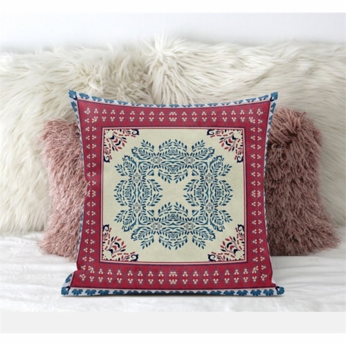 Window Wreath Palace Faux Suede Throw Fabric Pillow in Red Blue