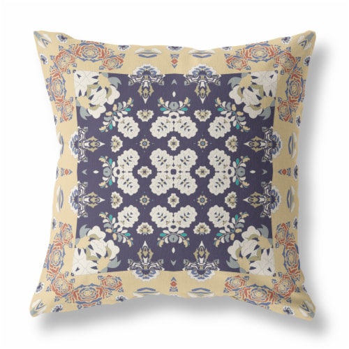Rose Box Broadcloth Indoor Outdoor Blown And Closed Pillow In Yellow Navy Perspective: front