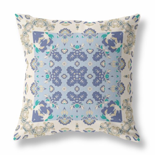 Rose Box Broadcloth Indoor Outdoor Blown And Closed Pillow In Off White Blue Perspective: front