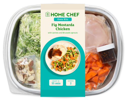 Home Chef Oven Kit Fig Mostarda Chicken with Carrots Brussels Sprouts and Almonds Perspective: front