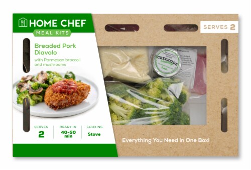 Home Chef Meal Kit Breaded Pork Diavolo with Parmesan Broccoli and Mushrooms Perspective: front