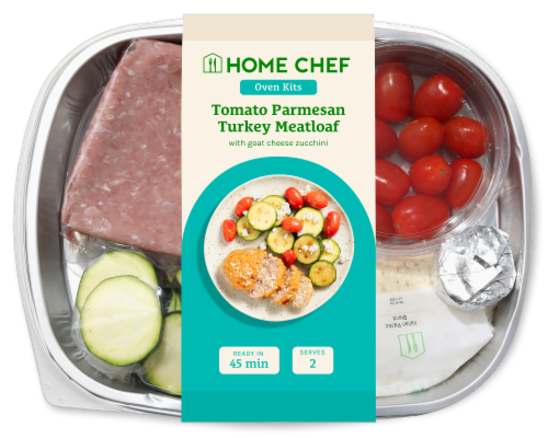 Home Chef Oven Kit Tomato Parmesan Turkey Meatloaf with Goat Cheese Zucchini Perspective: front
