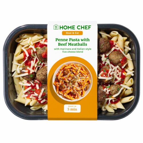 Home Chef Heat & Eat Penne Pasta with Beef Meatballs Perspective: front