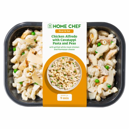 Home Chef Heat & Eat Family Meals Chicken Alfredo with Cavatappi Pasta and Peas Perspective: front