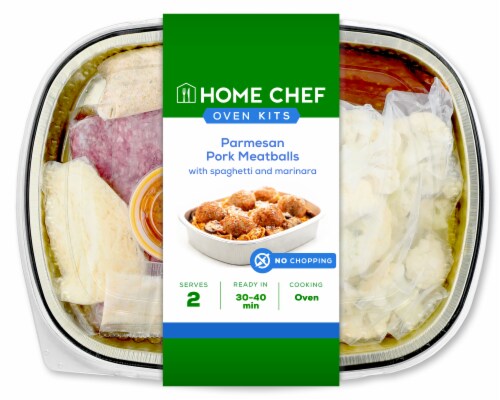 Home Chef Oven Kit Parmesan Pork Meatballs with Spaghetti and Marinara Perspective: front