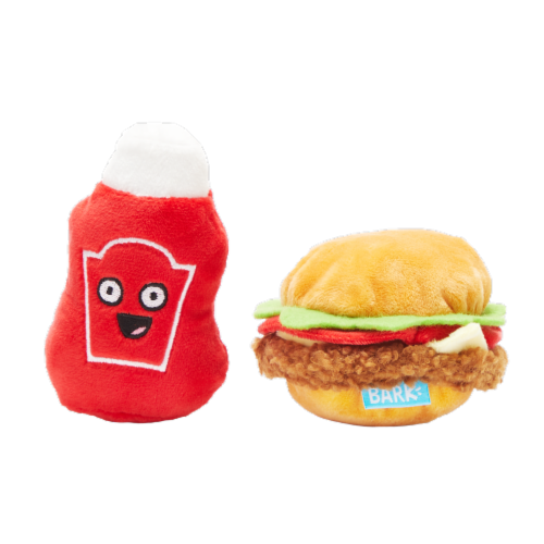 BARK Cookout Burger Ketchup Plush Dog Toy Perspective: front