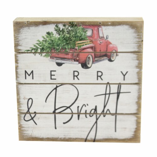 Christmas Merry & Bright Block Sign Wood Red Truck Tree Farmhouse Chic Pet1969 Perspective: front