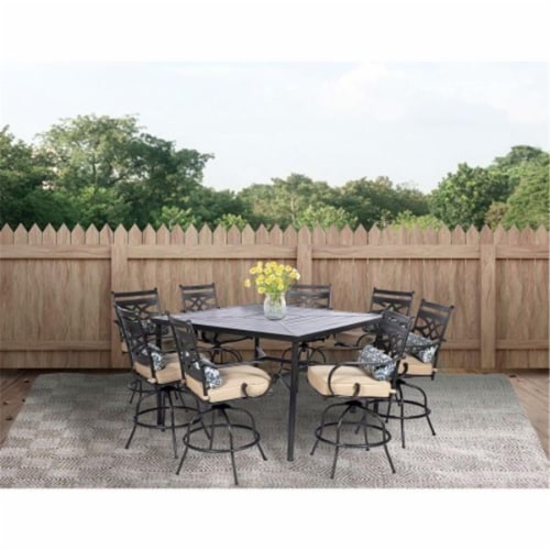 Montclair MCLRDN9PCBRSW8 TAN Steel Outdoor Dining Set with Tan Cushions 8 Swivel Chairs 60 1 Fred Meyer