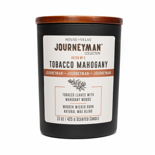 House of Velas® Journeyman™ Tobacco Mahogany Jar Candle Perspective: front