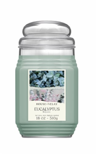 House of Velas® Jar Candle Natural Wax Blend Eucalyptus Blue Perspective: front