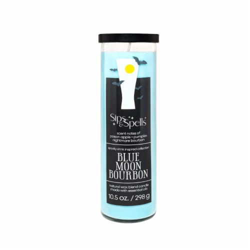 House of Velas Halloween Jar Candle Blue Moon Bourbon Perspective: front