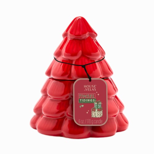 House of Velas Christmas Ceramic Tree Candle Tinsel Tidings Perspective: front