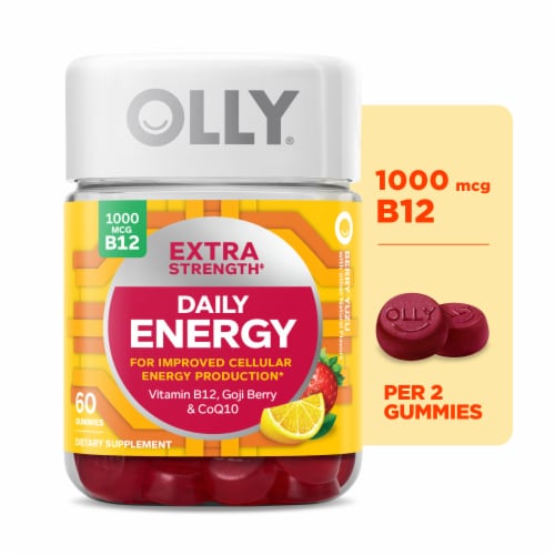 OLLY Extra Strength Daily Energy Berry Flavor Gummy Supplement Vitamin B12 1000mcg Perspective: front