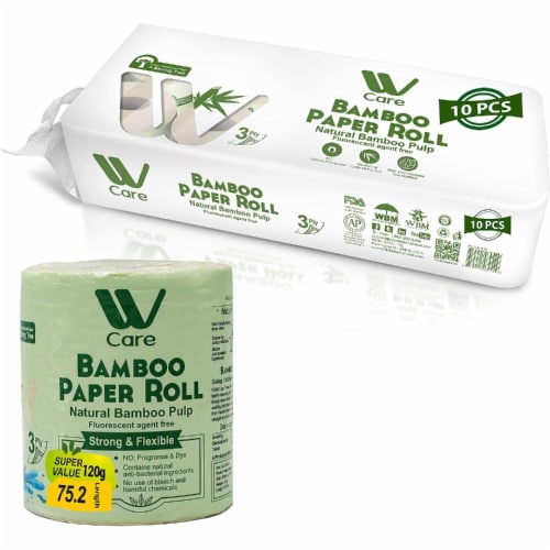 WBM Care Toilet Paper, Hypoallergenic Bamboo paper-3 Ply Tissue | 10 Rolls, 200 Sheets Each-1 Perspective: front