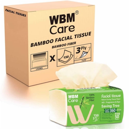 WBM Care Facial Tissue, No Fragrance & Dyes, 3-Ply Bamboo Paper, 150 Sheets/Pack, Pack of 3 Perspective: front