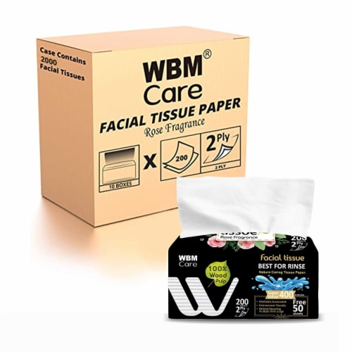 WBM Care Professional Facial Tissue with Rose Fragrance, 200 Sheets/Each, Pack of 10 Perspective: front