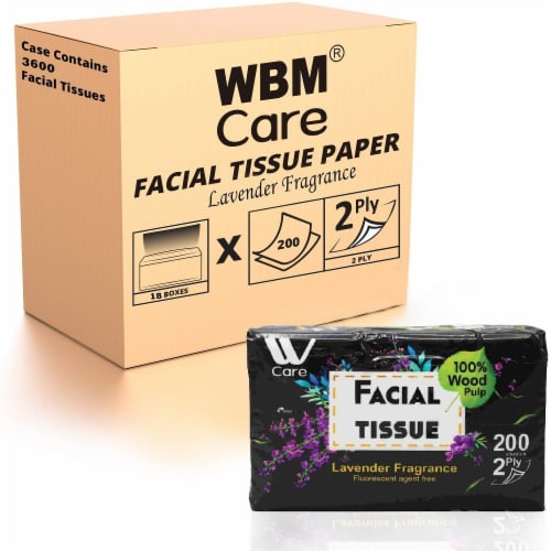 WBM Care Facial Tissue, Ultra Soft with Lavender Fragrance, 2-Ply | 200 Sheets/Box-Pack of 18 Perspective: front