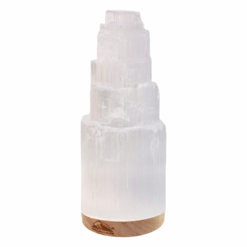 Selenite Crystal Lamp, Includes Wooden Base, USB Cable & LED Light - 8 inch Perspective: front