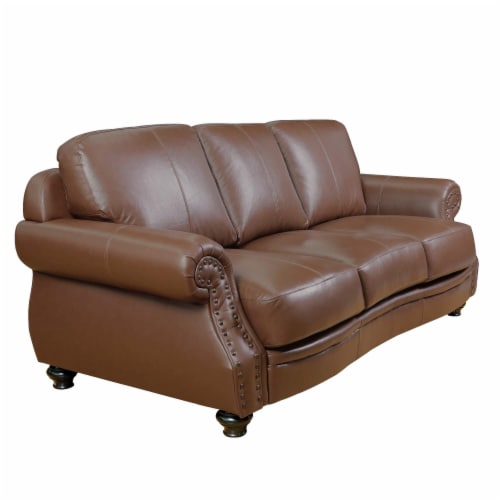 86 Wide Top Grain Leather Sofa Chestnut Brown 3 Seater Rolled