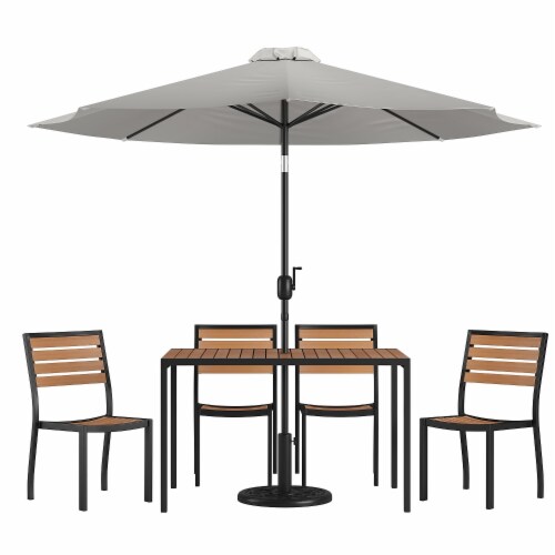 Flash Furniture Teak Patio Table and Chair Set with Umbrella & Base Gray 7 Pieces Perspective: front