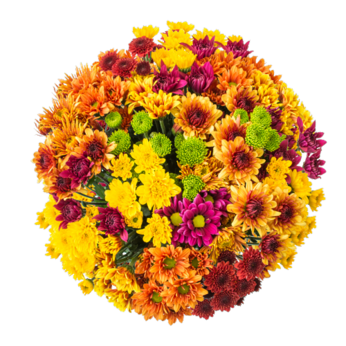 Fall Mega Mum Mixed Bouquet - Orange / Yellow / Green Perspective: front
