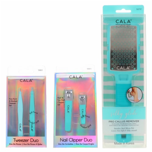 CALA Nail Clipper Duo Mint, Tweezer Duo Mint & Silky Glide Pro Callus Remover Aqua Combo Pack Perspective: front