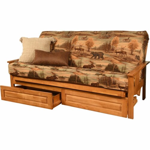 Kodiak Furniture Monterey Butternut Storage Sofa and Multi-Color Fabric Mattress Perspective: front
