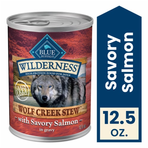 Blue Buffalo Wilderness Wolf Creek Stew High-Protein Wet Dog Food Hearty Salmon Stew in Gravy Perspective: front