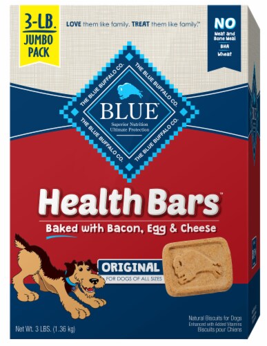 Blue Buffalo Health Bars Natural Crunchy Biscuits Bacon Egg & Cheese Dog Treats Perspective: front