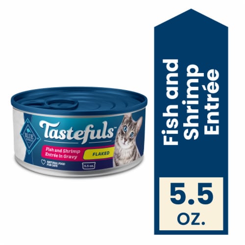 Blue Buffalo Tastefuls Natural Fish and Shrimp Entrée in Gravy Flaked Wet Cat Food Perspective: front