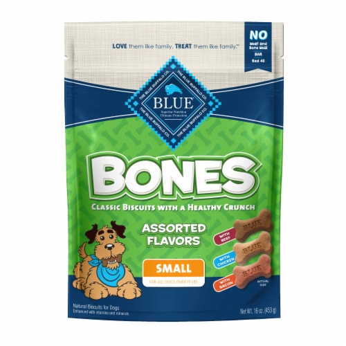 Blue Buffalo Bones Natural Beef Chicken or Bacon Crunchy Dog Treats Small Dog Biscuits Perspective: front