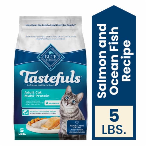 Blue Buffalo Tastefuls Adult Cat Dry Food, Multi-Protein Salmon & Ocean Fish Recipe, 5-lb Bag Perspective: front