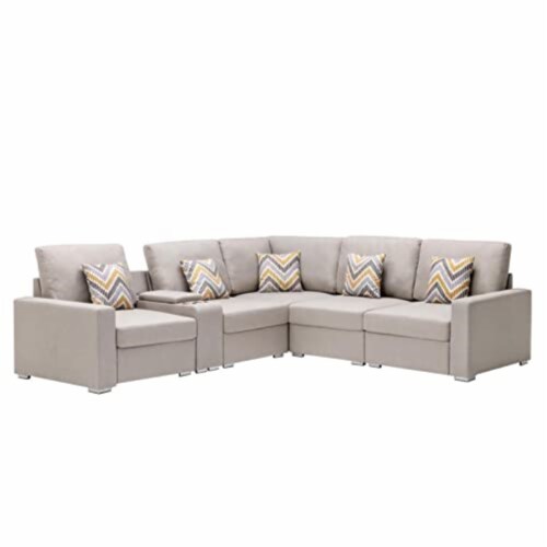 Beige Linen Fabric 6Pc Reversible Sectional Sofa With A Usb
