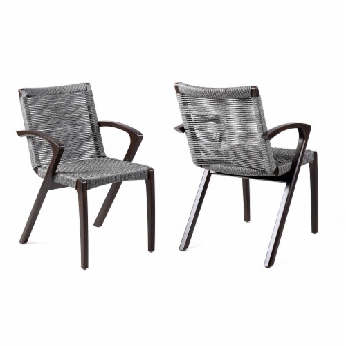 Nabila Outdoor Dark Eucalyptus Wood and Grey Rope Dining Chairs - Set of 2 Perspective: front