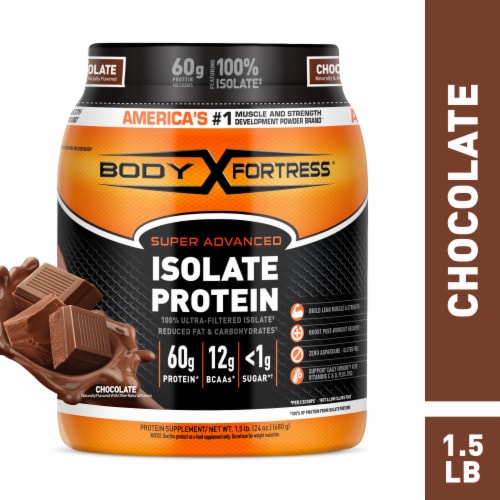 Body Fortress® Super Advanced Isolate Chocolate Protein Powder Perspective: front