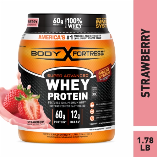 Body Fortress® Super Advanced Strawberry Whey Protein Powder Perspective: front