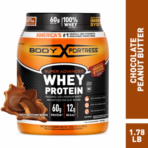 Body Fortress® Chocolate Peanut Butter Whey Protein Powder Perspective: front