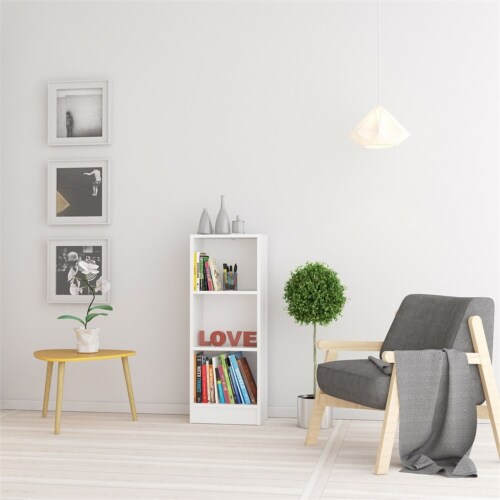 Partical Board Element Short Narrow 3 Shelf Bookcase in White