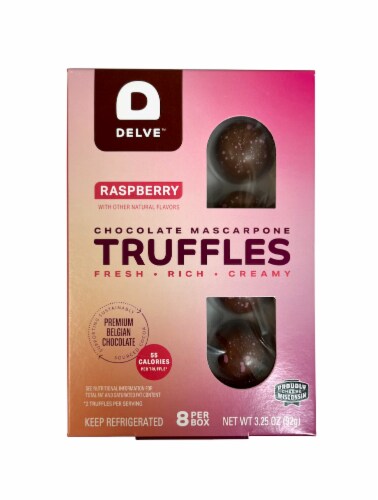 Delve™ Milk Chocolate Raspberry Mascarpone Truffle Box Perspective: front