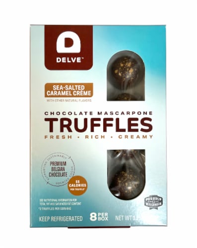 Delve™ Dark Chocolate Sea-Salted Caramel Mascarpone Truffle Box Perspective: front