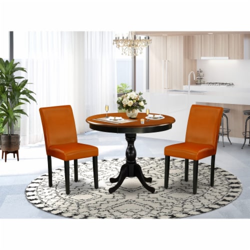 3-pc Round a Dining Table and 2  Bean PU Leather  Dining Chair with High Back - Black Finish Perspective: front