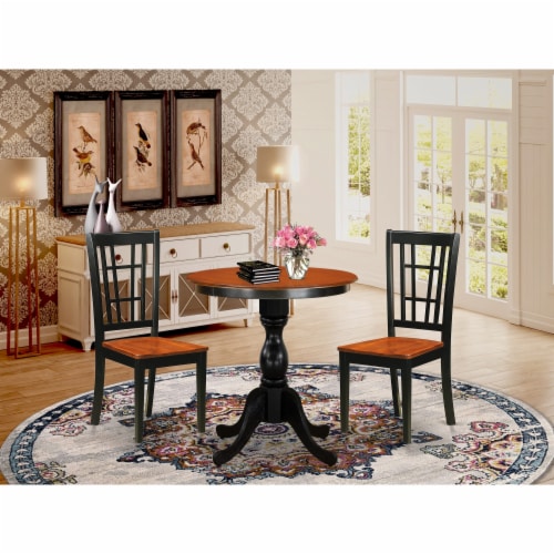 Round Dining Table and 2 Wooden Chairs with Slatted Back - Black Finish ...