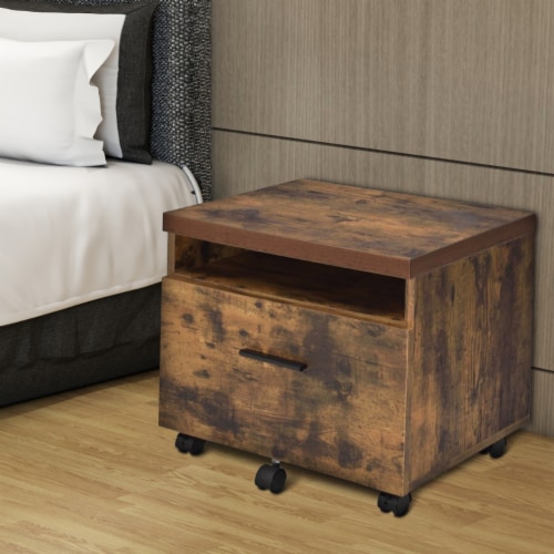 Wooden File Cabinet With Open Compartment And Drawer, Oak Brown And Black- Saltoro Sherpi Perspective: front
